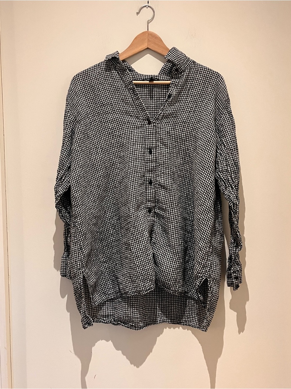 Eileen Fisher Puckered Organic Linen Gingham Black White Classic Collar Shirt L - Picture 3 of 11